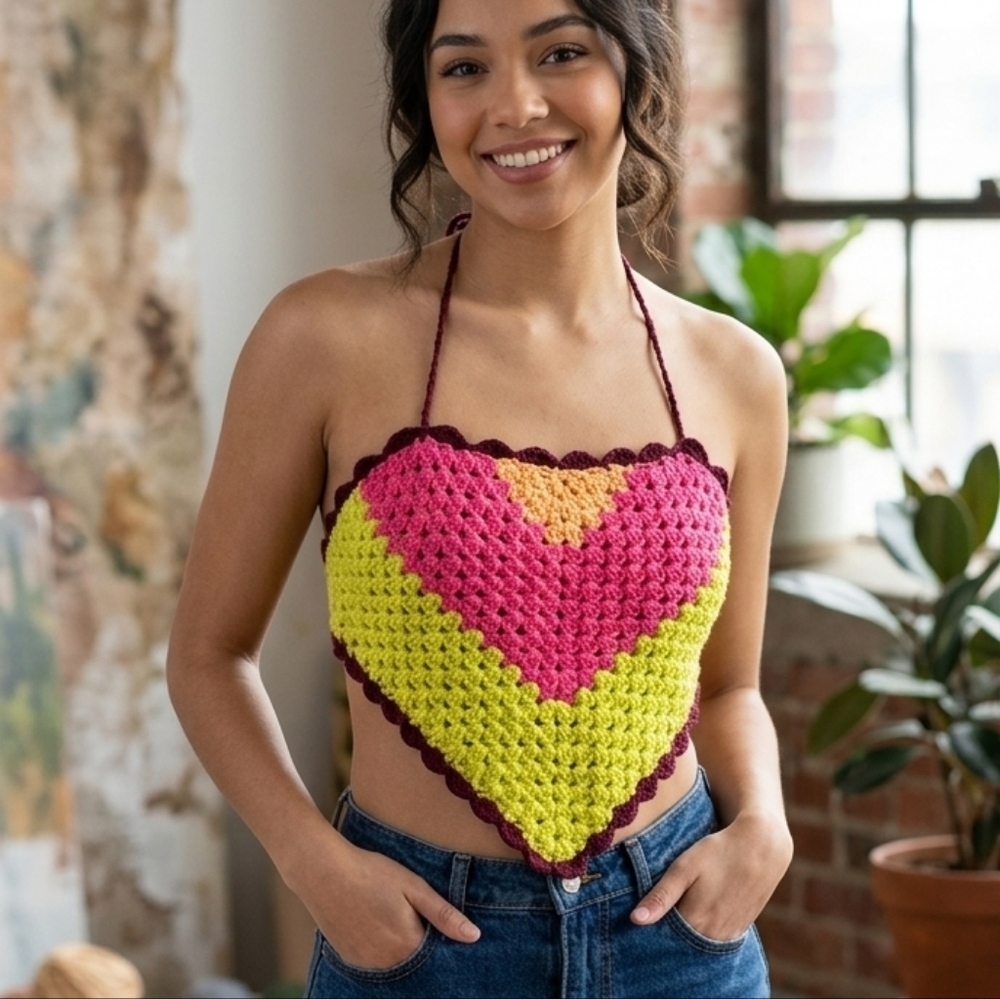 NWT Handmade Crochet Cropoed Halter Neck Cotton Colorful Top Size S /M Vacation